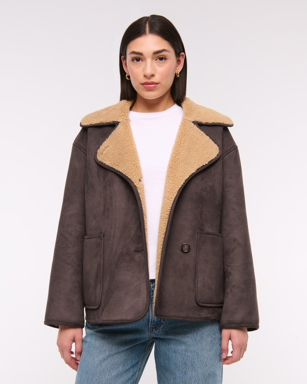 Mid-Length Vegan Suede Shearling Coat, Brown view 1