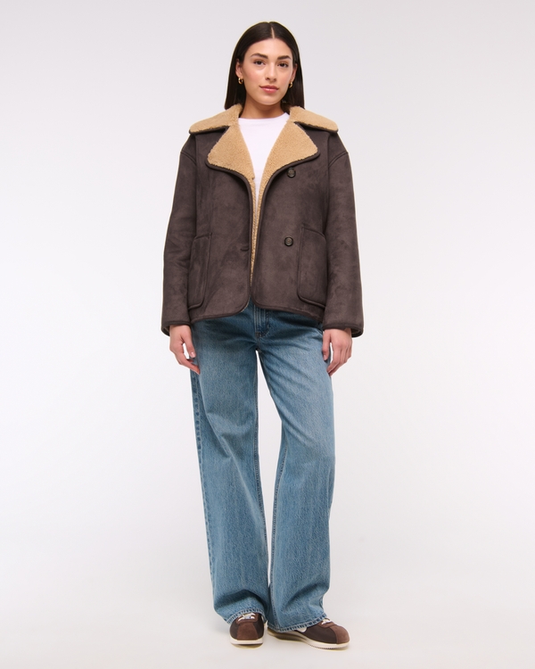 Mid-Length Vegan Suede Shearling Coat, Brown view 2
