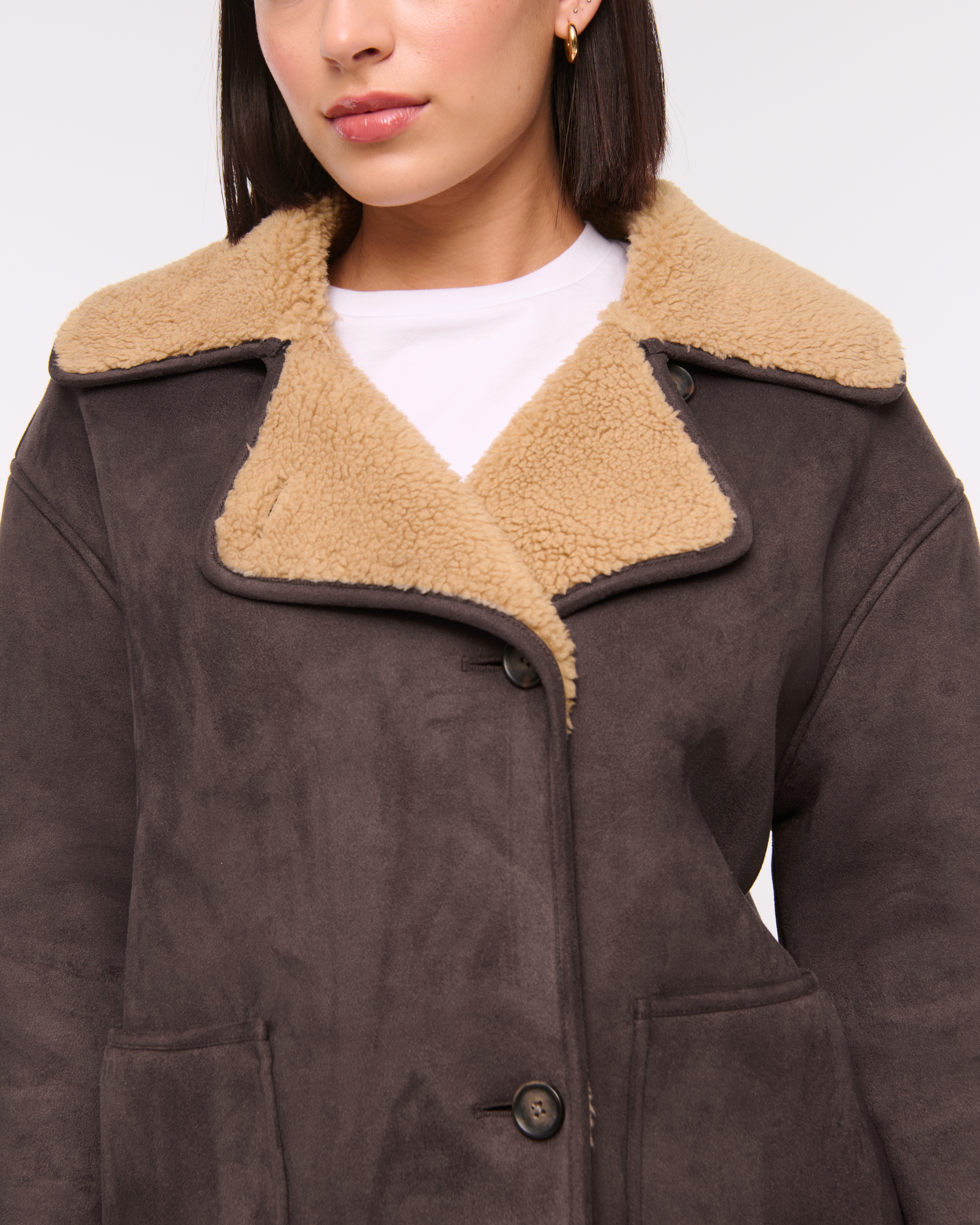 Women's Mid-Length Vegan Suede Shearling Coat | Women's