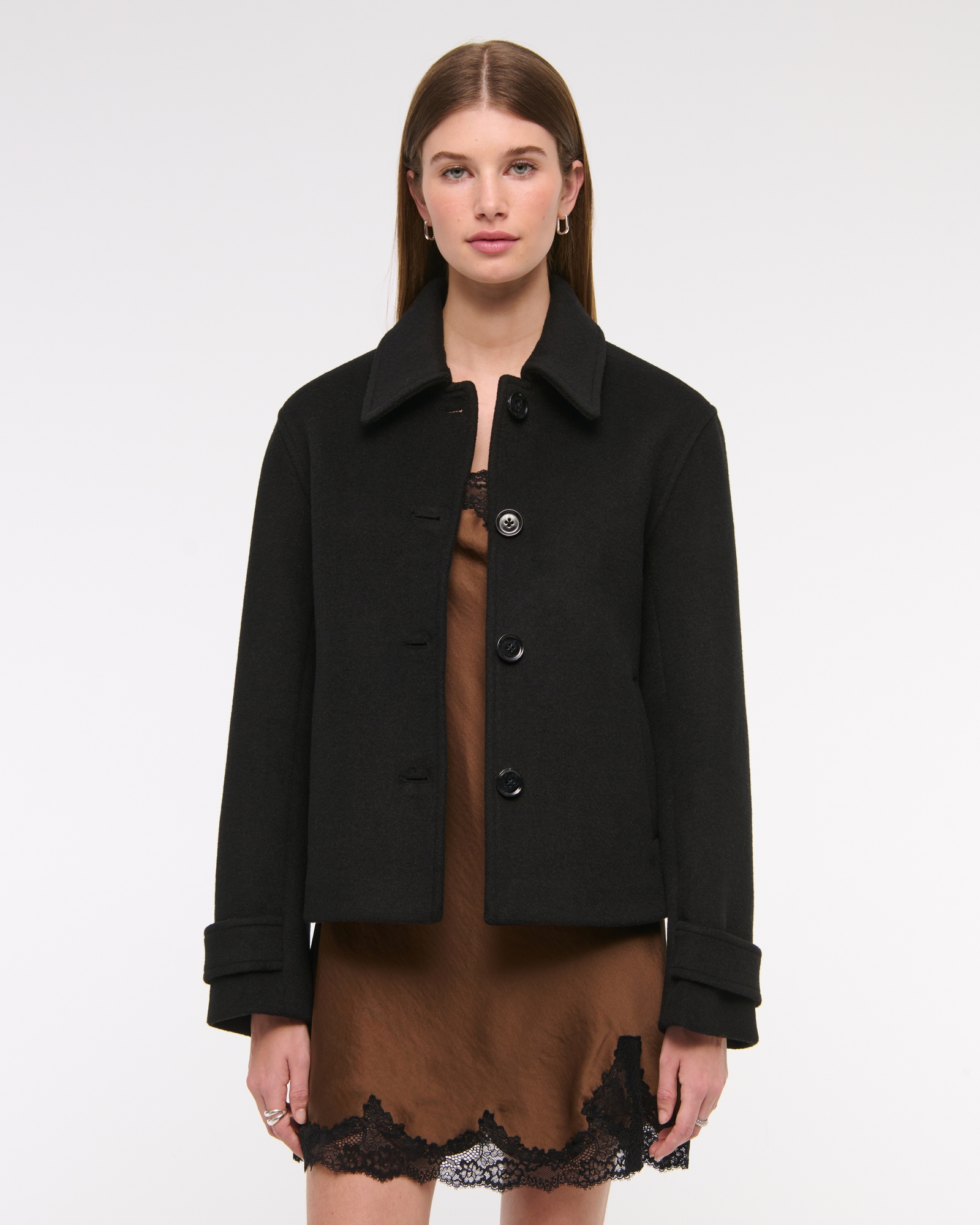 Short Button-Through Wool-Blend Coat
