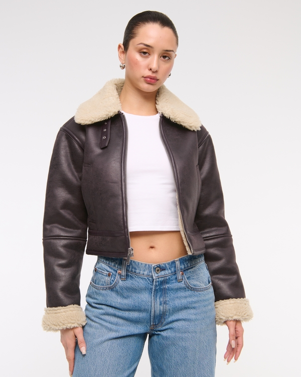 Vegan Suede Shearling Coat, Dark Brown view 1