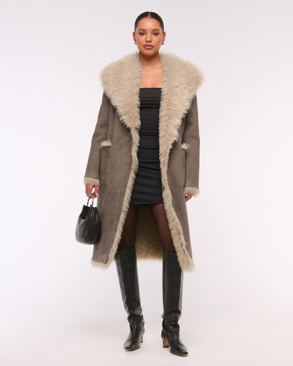 Vegan Suede Shearling Reversible Coat, Brown view 1