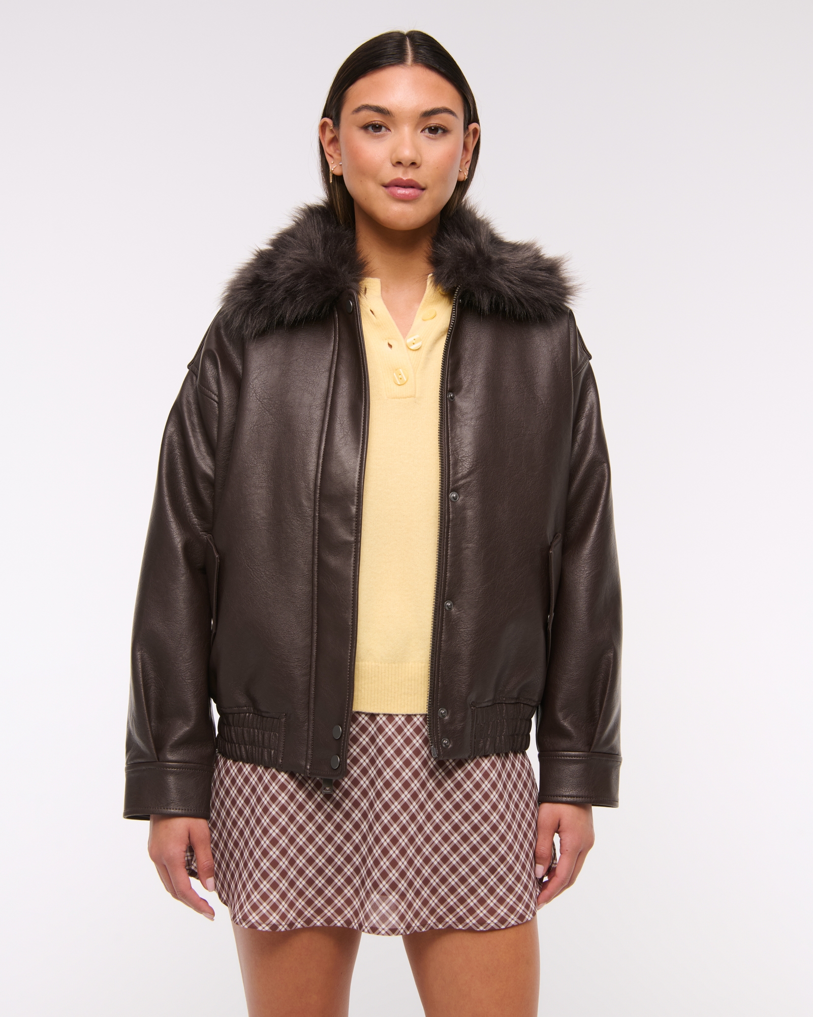 Removable Collar Vegan Leather Bomber Jacket