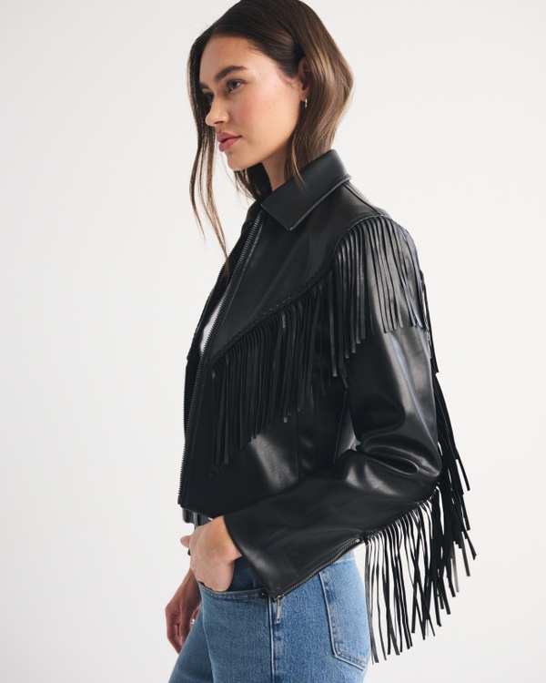 Women's Vegan Leather Fringe Jacket | Women's Clearance