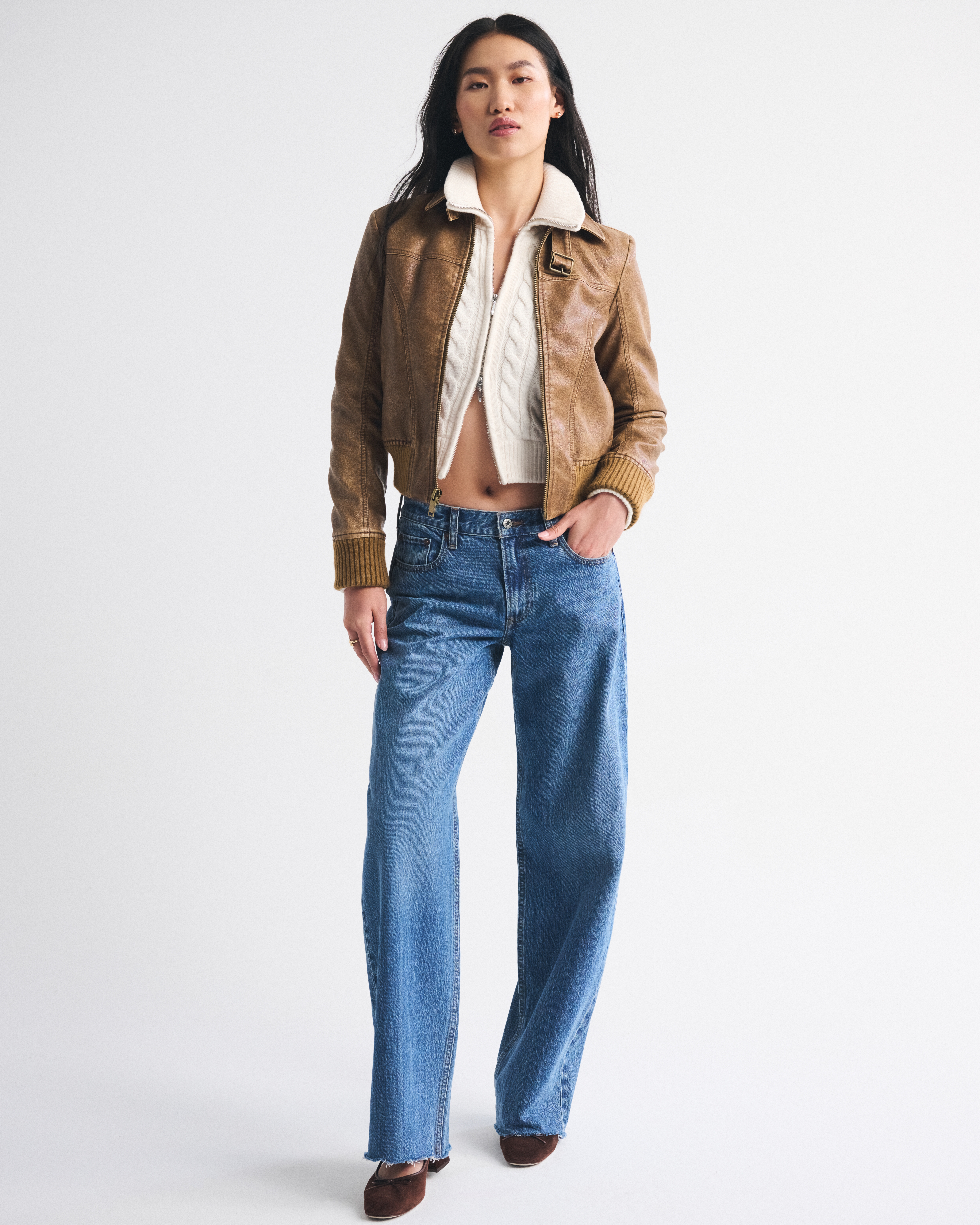 Abercrombie & Fitch Vegan Leather Shrunken Bomber Jacket In Brown