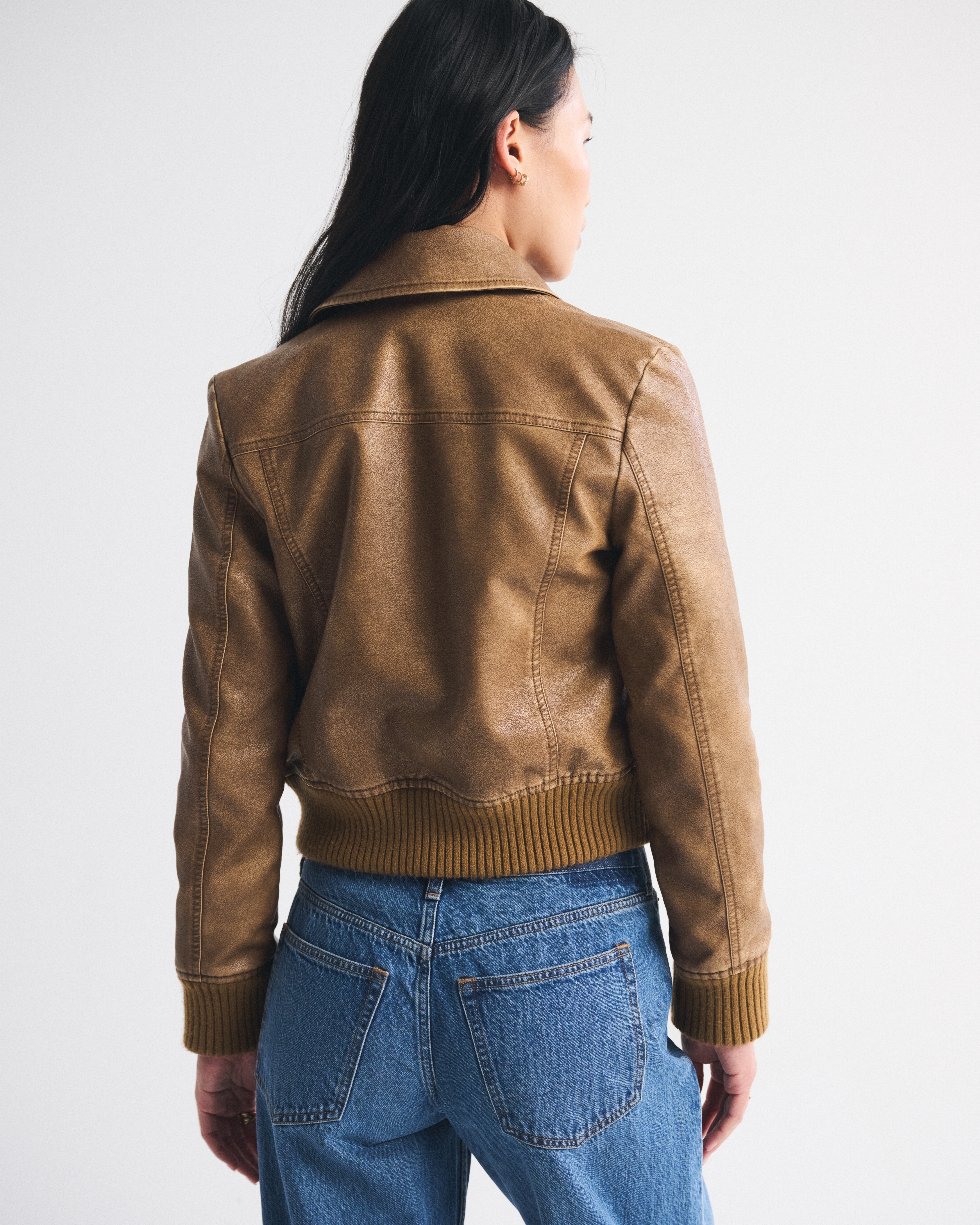 Abercrombie & Fitch Vegan Leather Shrunken Bomber Jacket In Brown