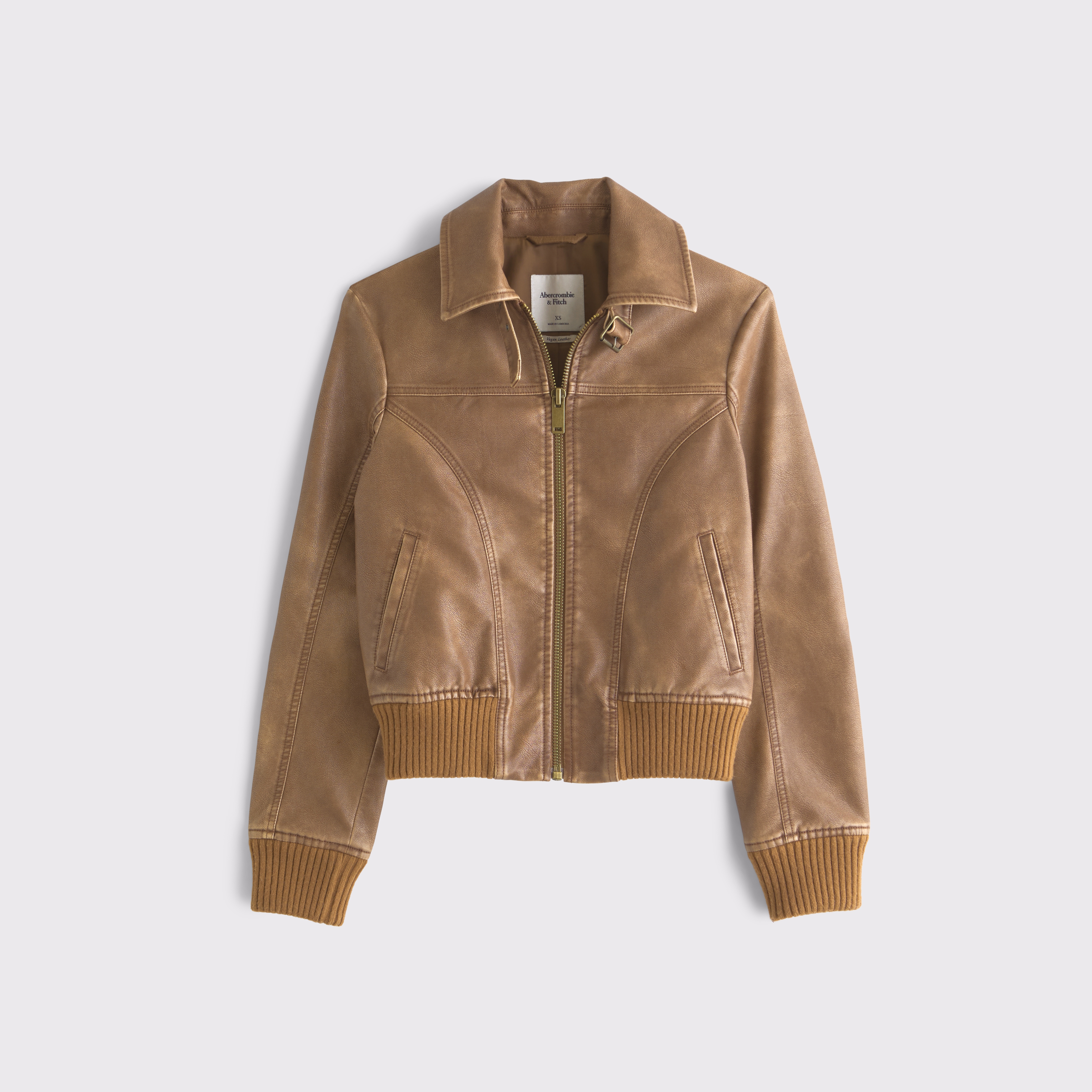 Abercrombie & Fitch Vegan Leather Shrunken Bomber Jacket In Brown