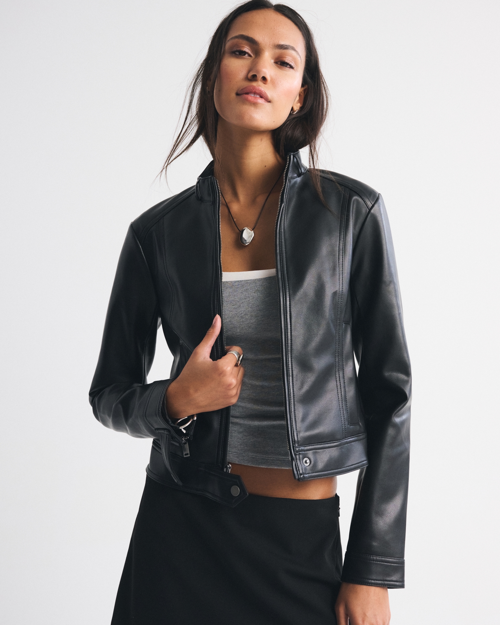 Slim Vegan Leather Mockneck Jacket