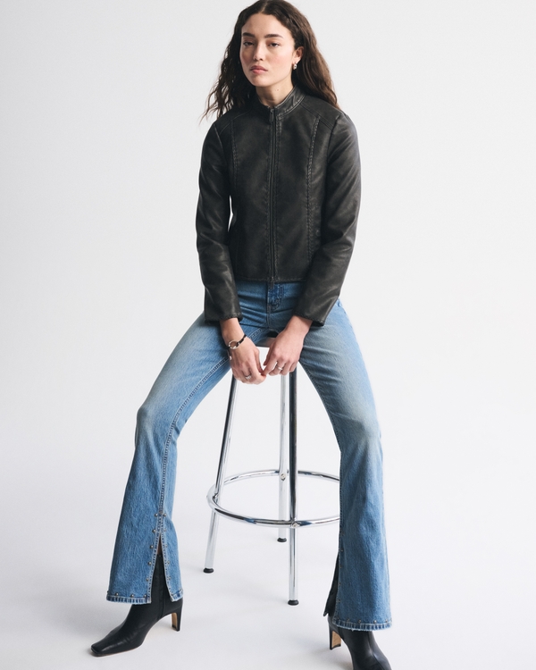 Slim Vegan Leather Mockneck Jacket, Black view 2