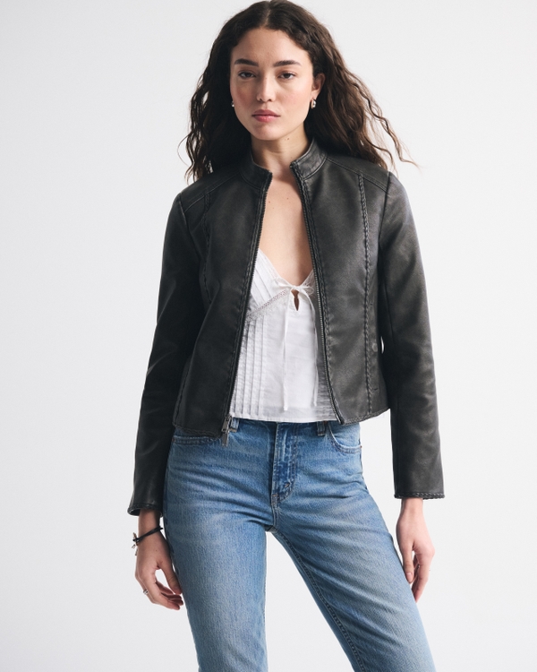 Slim Vegan Leather Mockneck Jacket
