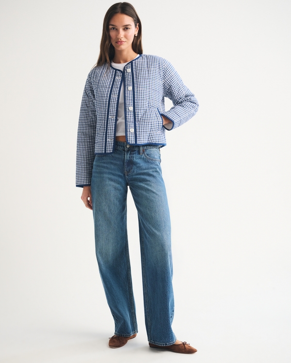 Collarless Quilted Jacket, Blue Gingham view 2