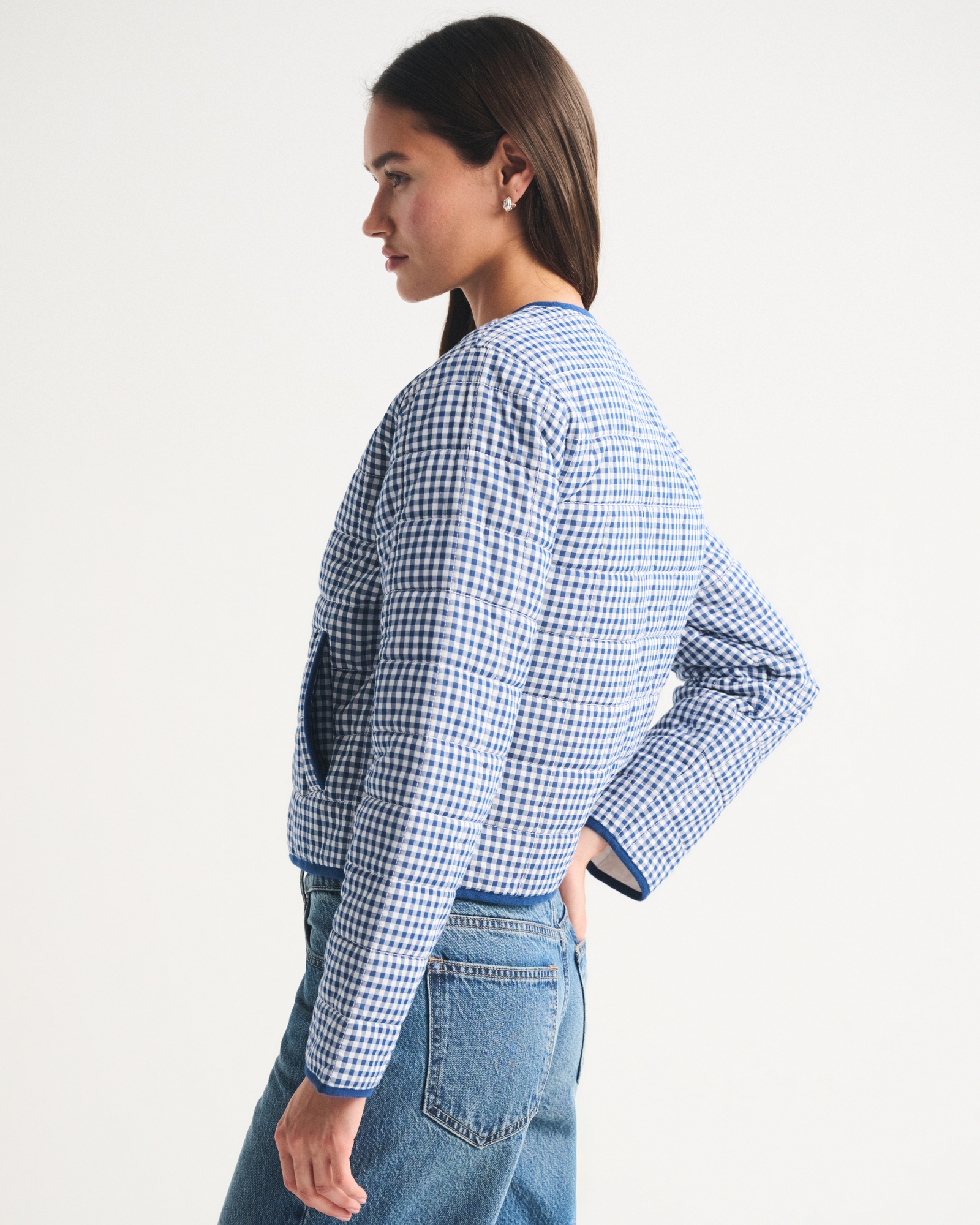 Collarless Quilted Garment-Dye Jacket