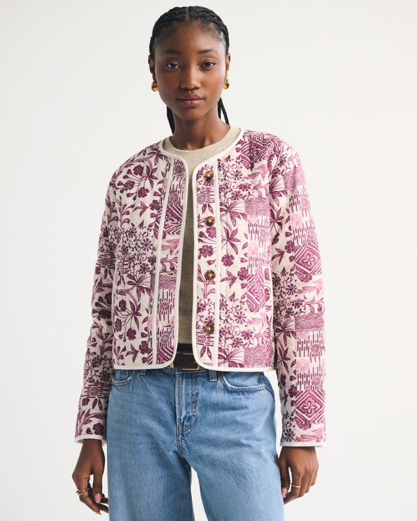 Collarless Quilted Jacket, Burgundy Pattern view 1