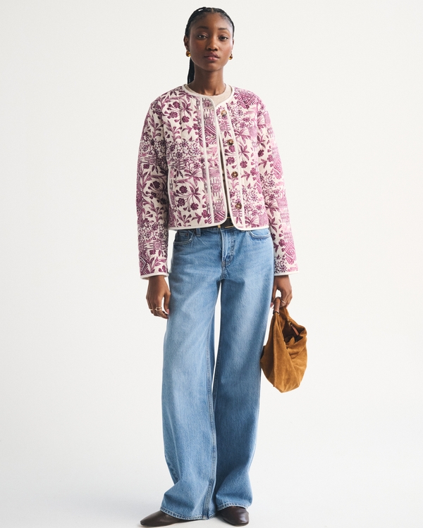 Collarless Quilted Jacket, Burgundy Pattern view 2