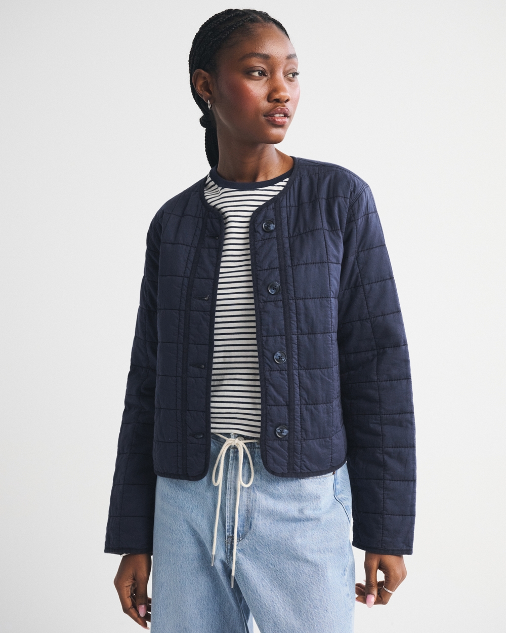 Collarless Quilted Garment-Dye Jacket
