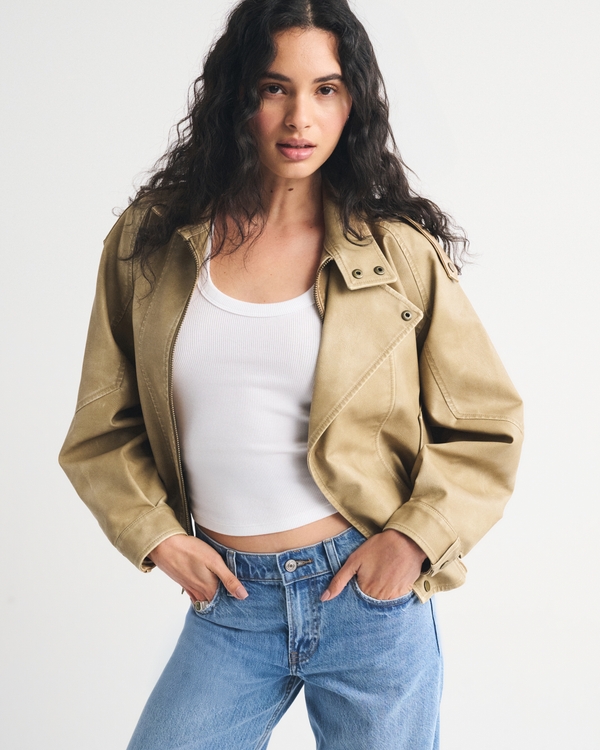 Relaxed Mockneck Vegan Leather Bomber Jacket, Light Brown view 1