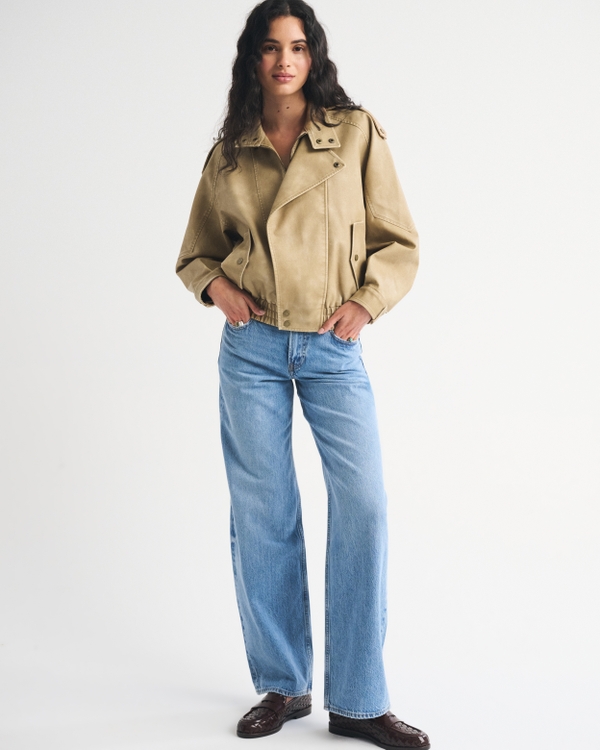 Relaxed Mockneck Vegan Leather Bomber Jacket, Light Brown view 2