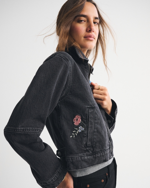 Embroidered Denim Zip-Up Jacket, Washed Black view 1
