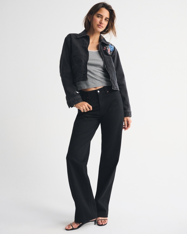 Embroidered Denim Zip-Up Jacket