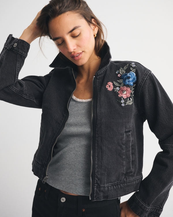 Embroidered Denim Zip-Up Jacket