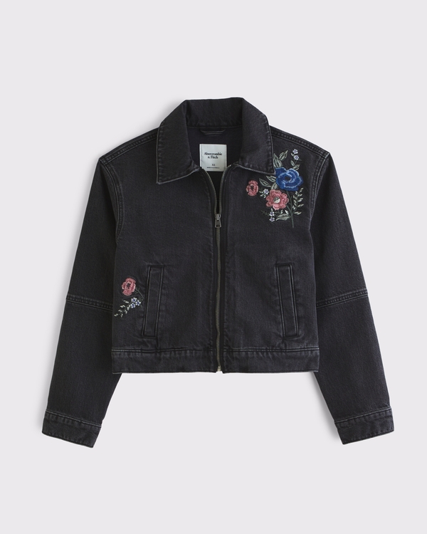 Embroidered Denim Zip-Up Jacket