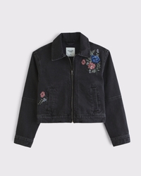 Embroidered Denim Zip-Up Jacket
