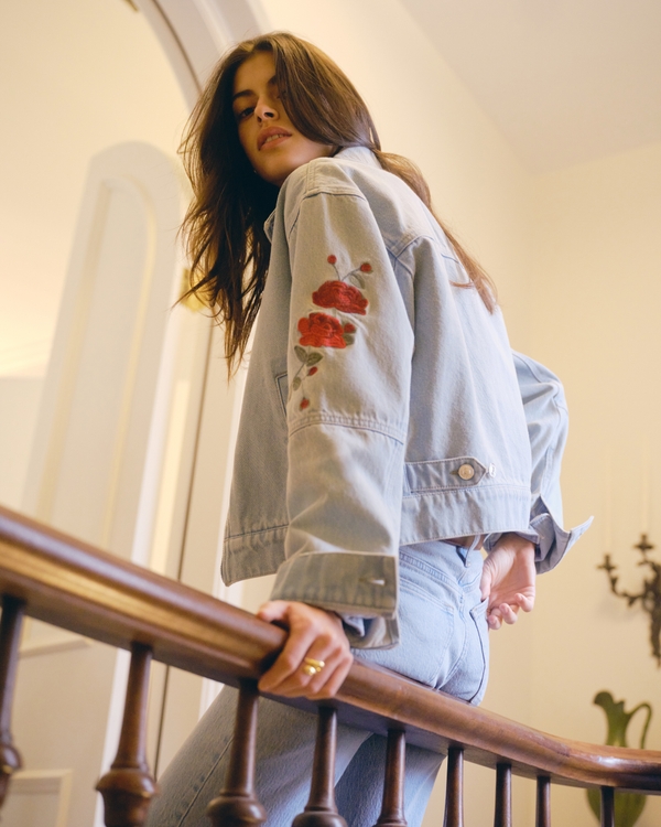 Embroidered Denim Zip-Up Jacket, Light Wash Embroidery view 1