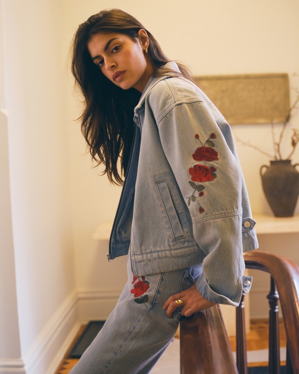 Embroidered Denim Zip-Up Jacket, Light Wash Embroidery view 2