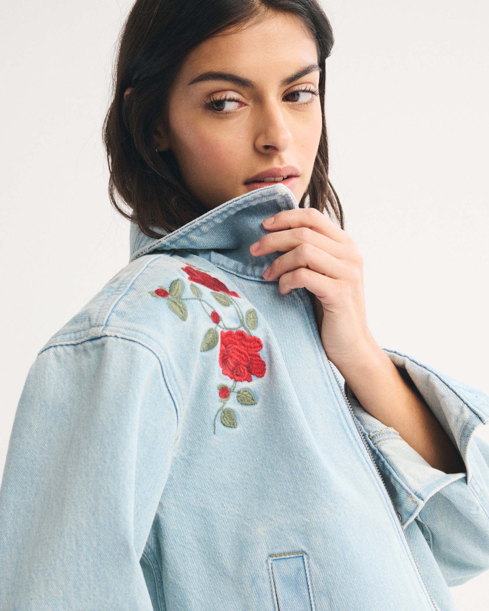 Embroidered Denim Zip-Up Jacket
