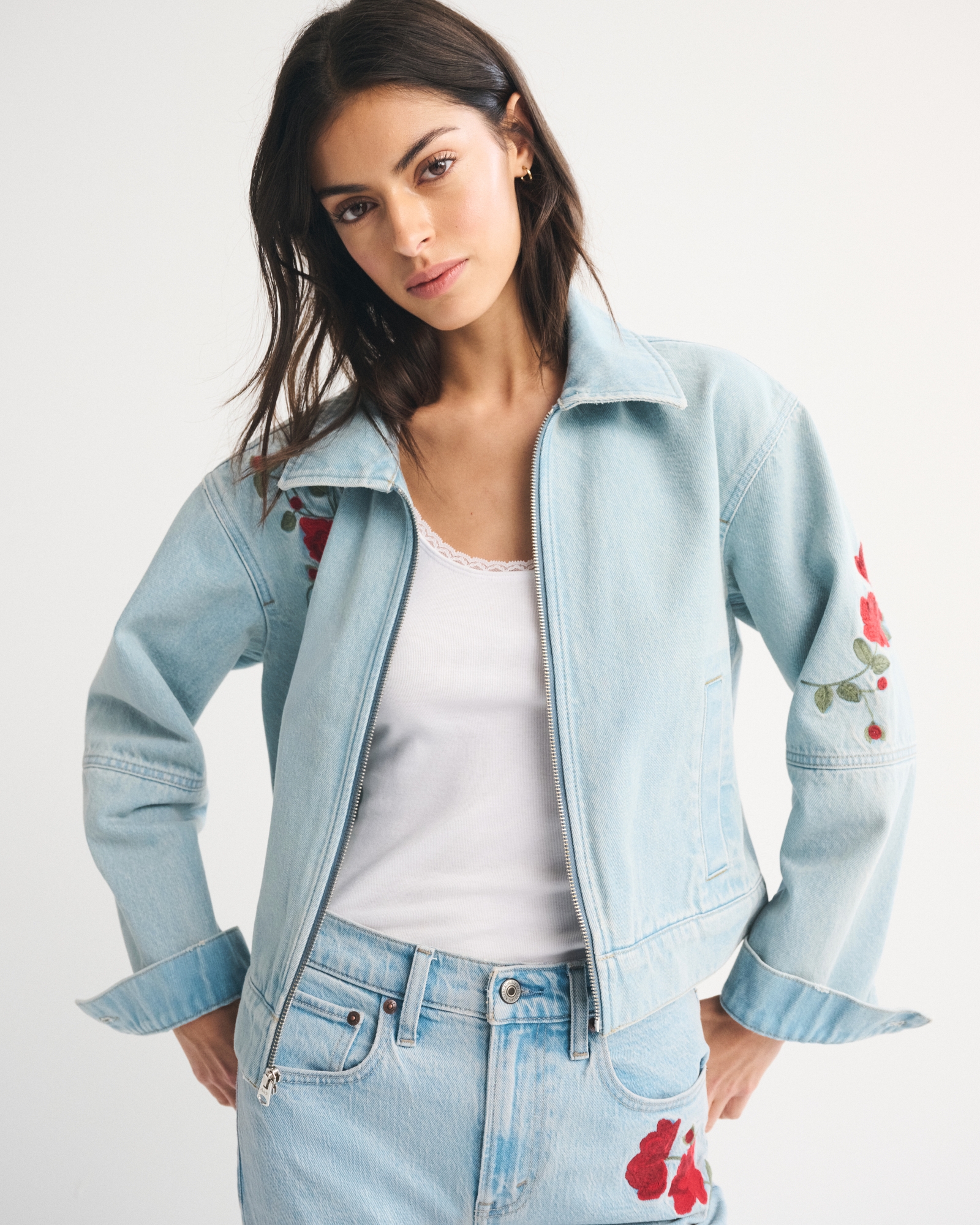 Embroidered Denim Zip-Up Jacket