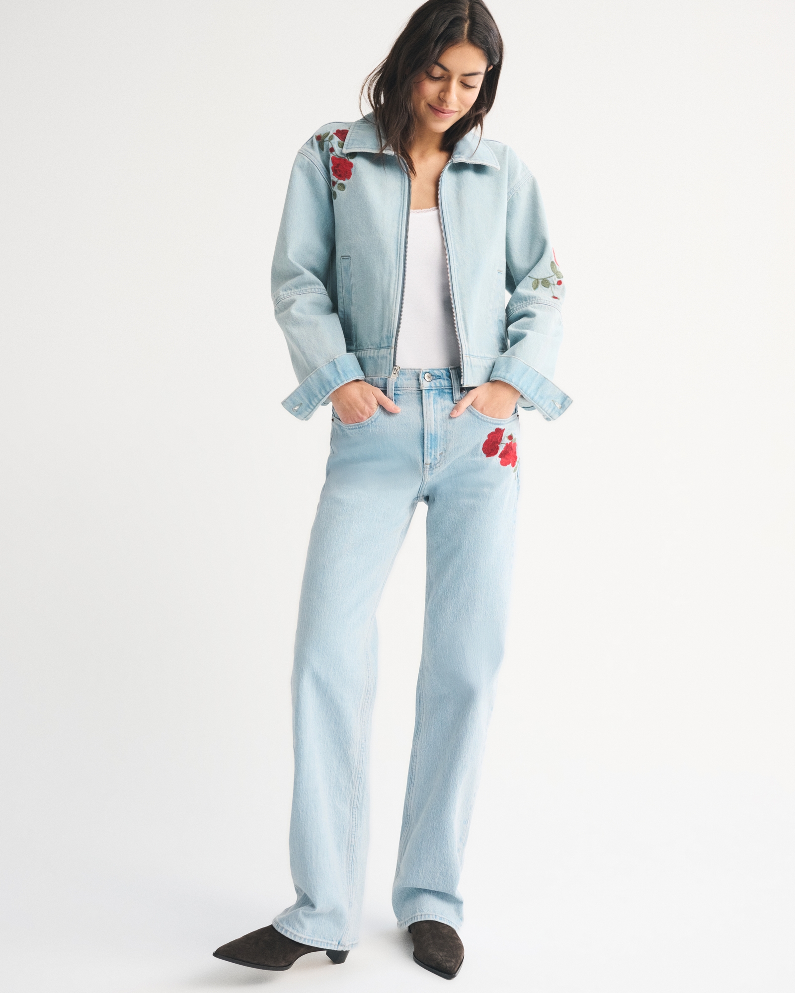 Embroidered Denim Zip-Up Jacket