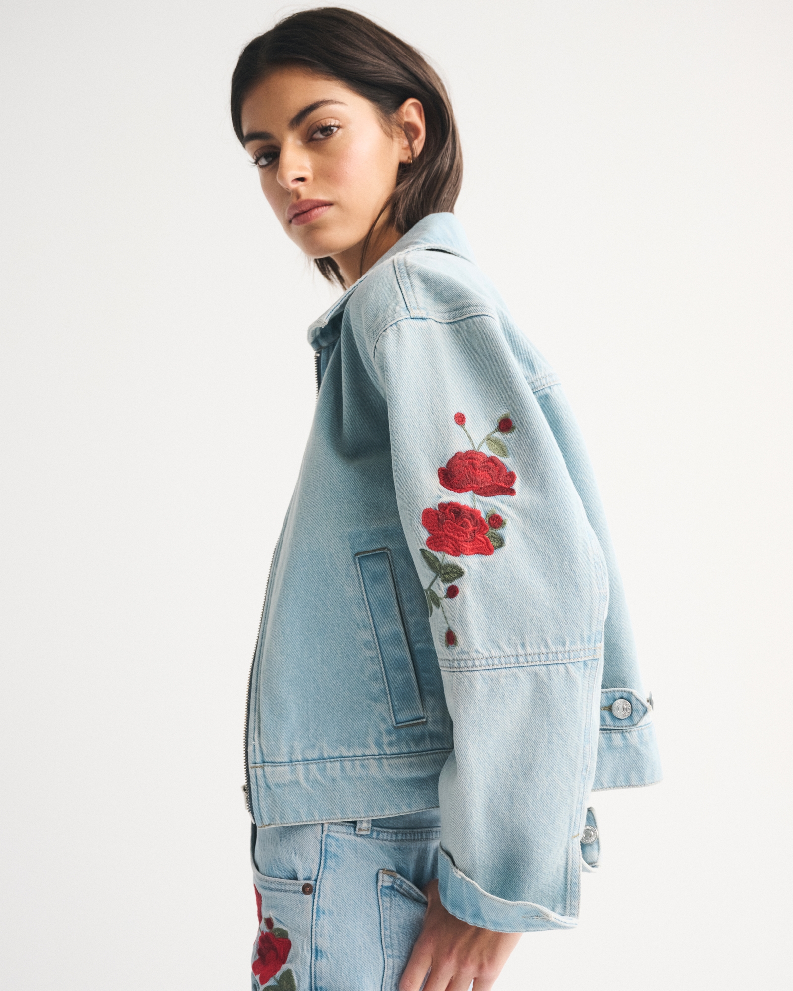 Embroidered Denim Zip-Up Jacket