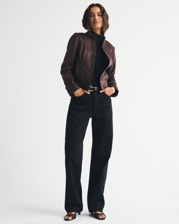 Slim Vegan Suede Mockneck Jacket, Dark Coffee view 2