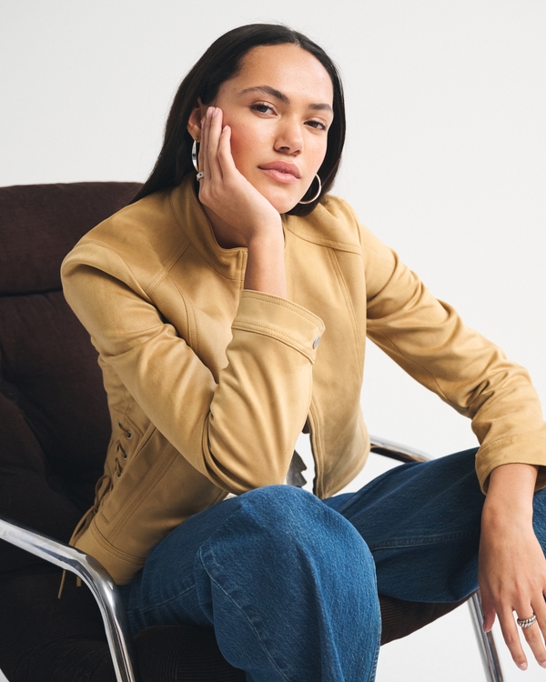 Schmale Jacke aus Wildlederimitat mit Stehkragen, Cremebraun view 1