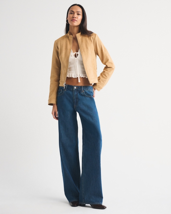 Schmale Jacke aus Wildlederimitat mit Stehkragen, Cremebraun view 2