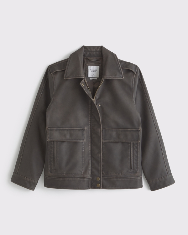 Chaqueta de cuero vegano de corte recto, Cuero Marrón view 1