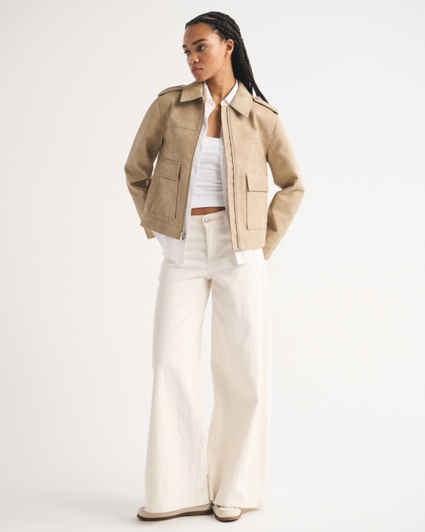 Vegan Sueded Leather Trucker Jacket, Creamy Brown view 2