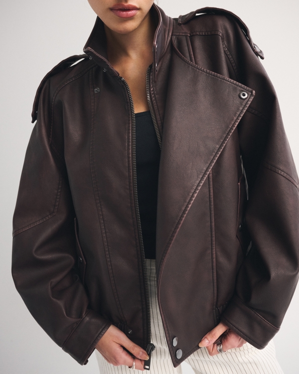 Relaxed Mockneck Vegan Leather Bomber Jacket, Rich Brown view 1
