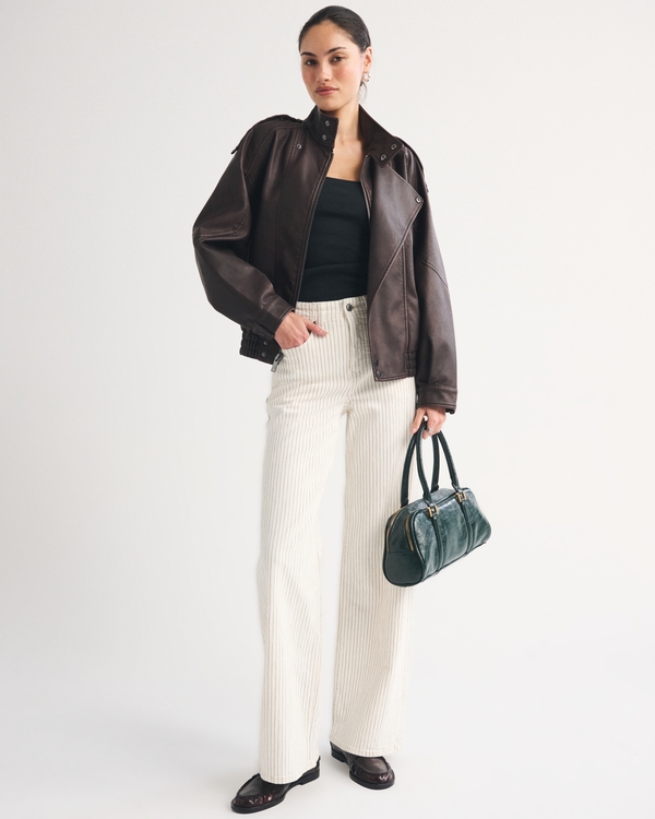 Relaxed Mockneck Vegan Leather Bomber Jacket, Rich Brown view 2