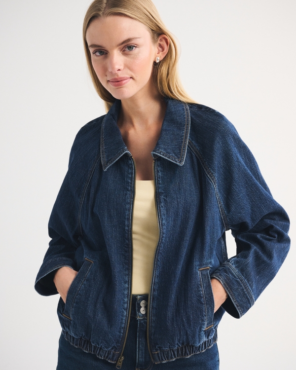 Relaxed Linen-Blend Denim Bomber Jacket, Dark Denim view 1