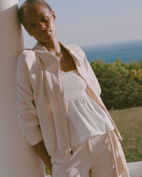 Relaxed Linen-Blend Denim Bomber Jacket, Cream Stripe view 1