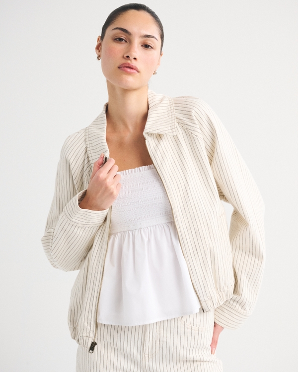 Relaxed Linen-Blend Denim Bomber Jacket, Cream Stripe view 2