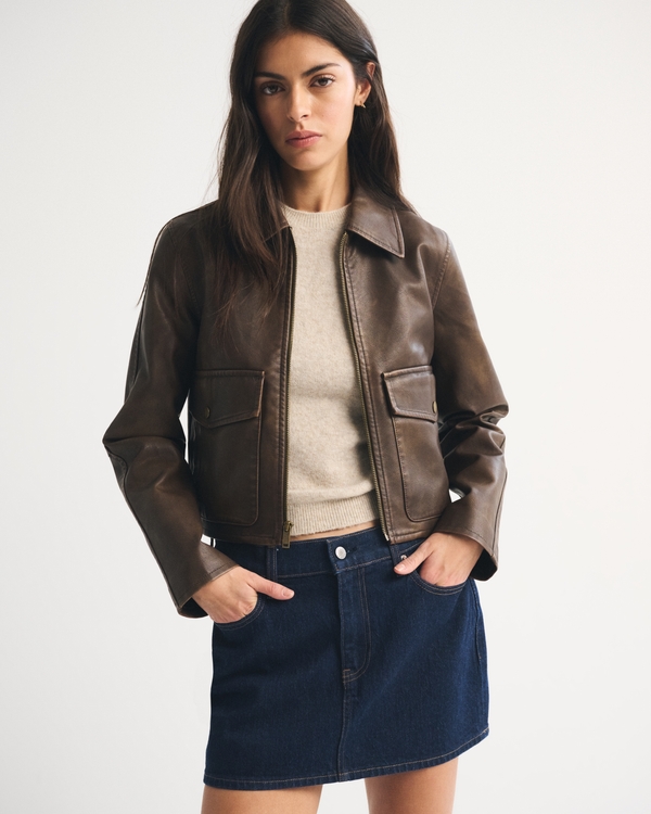 Short Vegan Leather Utility Jacket, Brown Distressed view 1