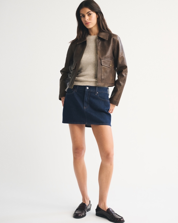 Short Vegan Leather Utility Jacket, Brown Distressed view 2