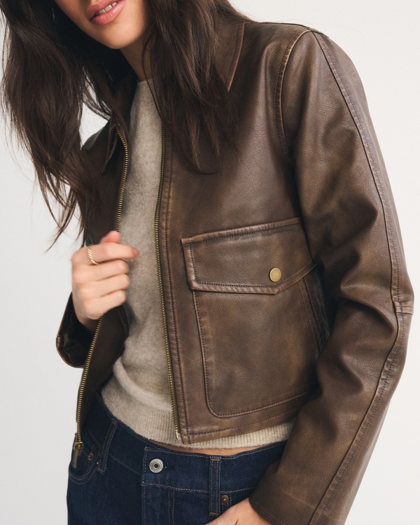 Women's Short Vegan Leather Utility Jacket | Women's Coats