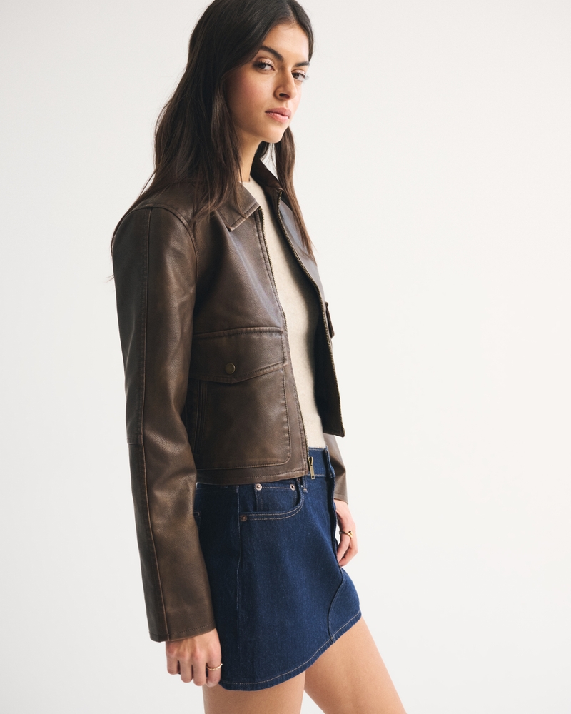 Women's Short Vegan Leather Utility Jacket | Women's Coats
