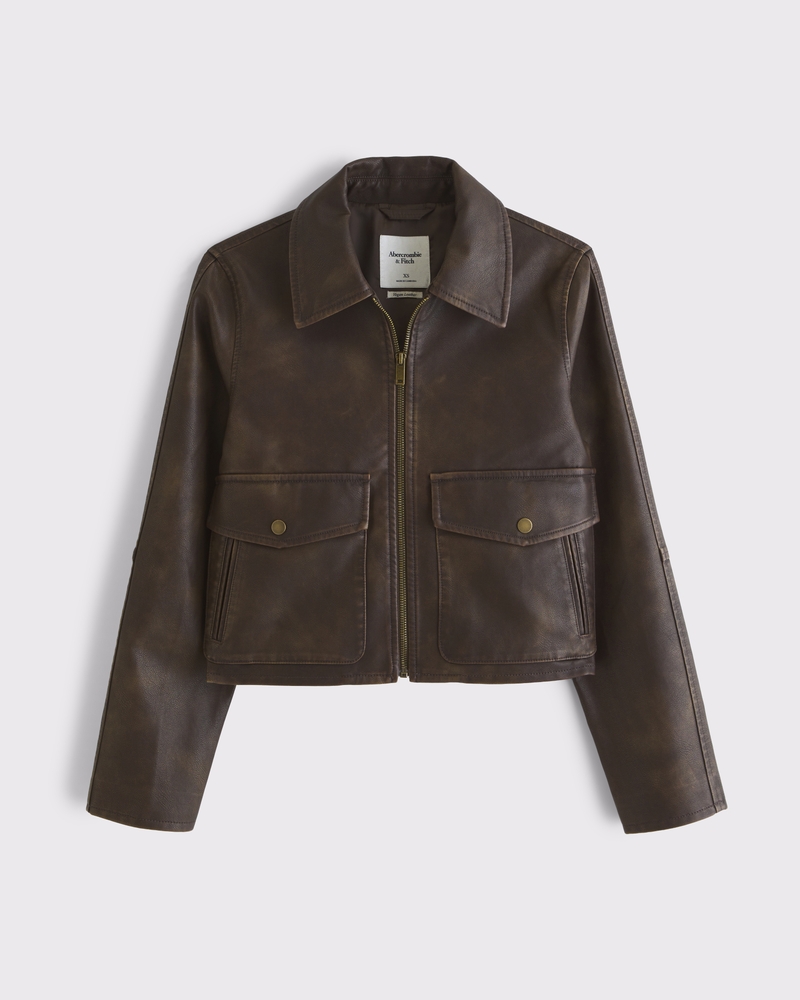Women's Short Vegan Leather Utility Jacket | Women's Coats