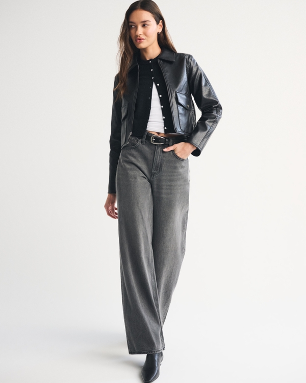 Short Vegan Leather Utility Jacket, Black view 2