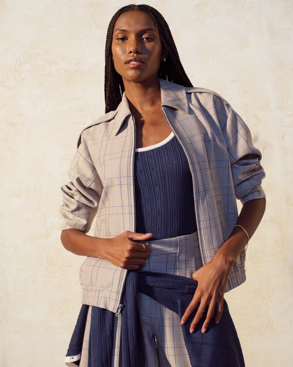 Menswear Bomber Jacket, Tan Plaid view 1