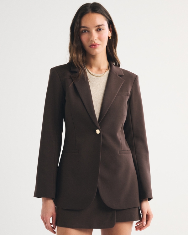 Nipped Waist Suiting Blazer, Brown view 1